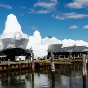 Boat lift canopy installed at a waterfront dock
