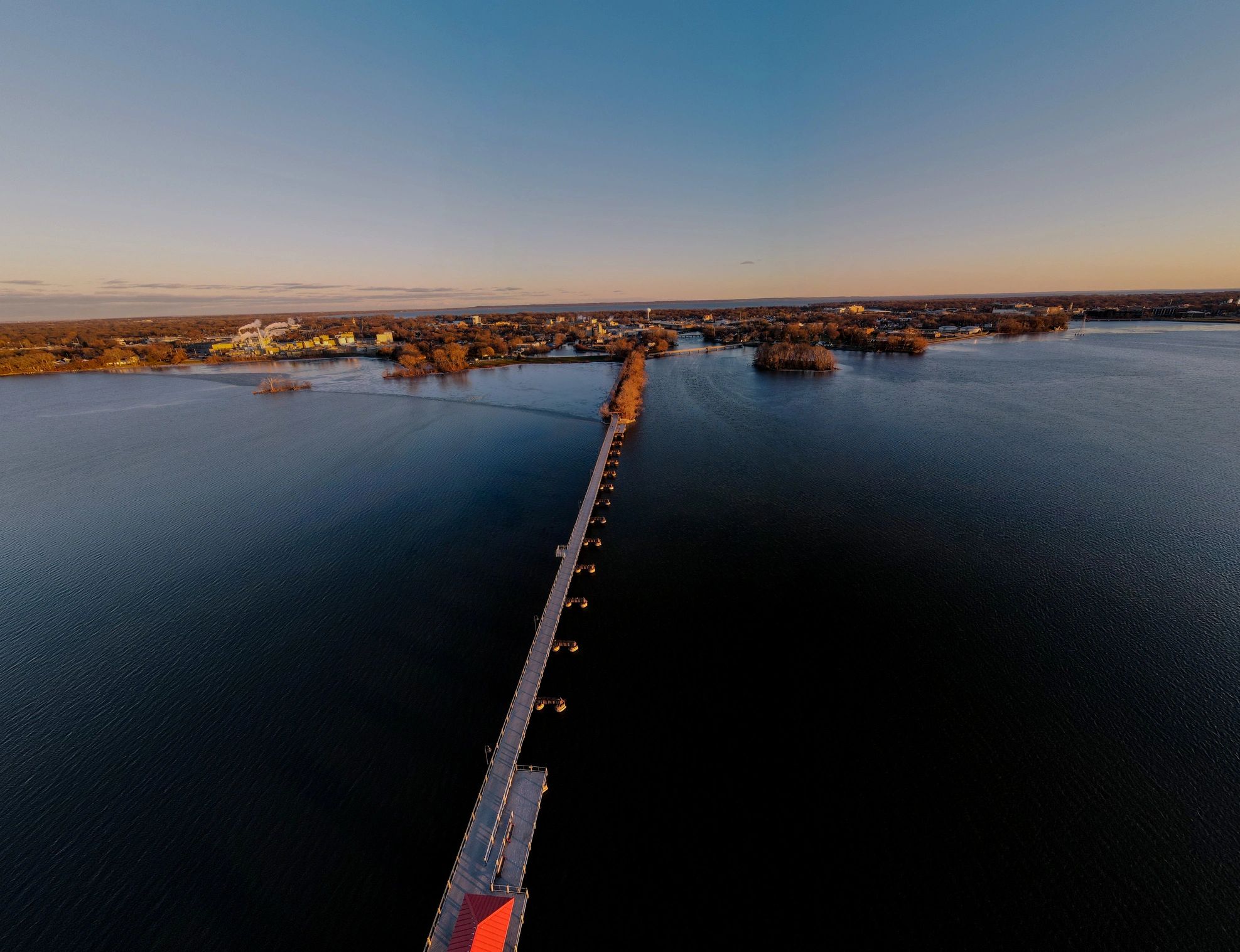 Aerial view over water near a trestle trail in Wisconsin