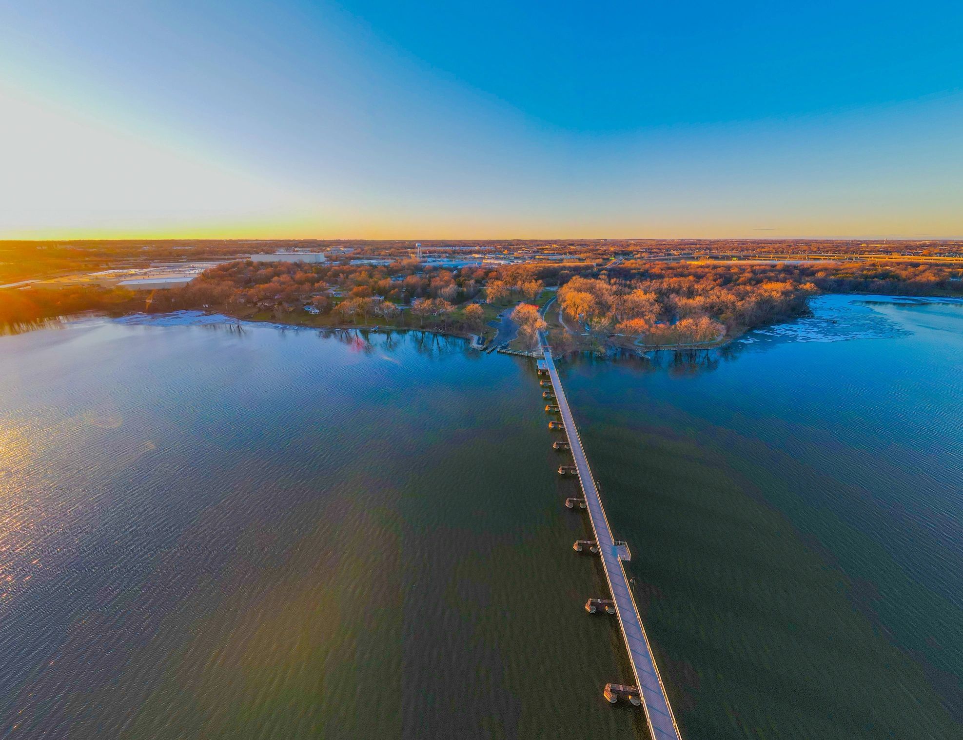 Aerial view over water and shoreline in Wisconsin